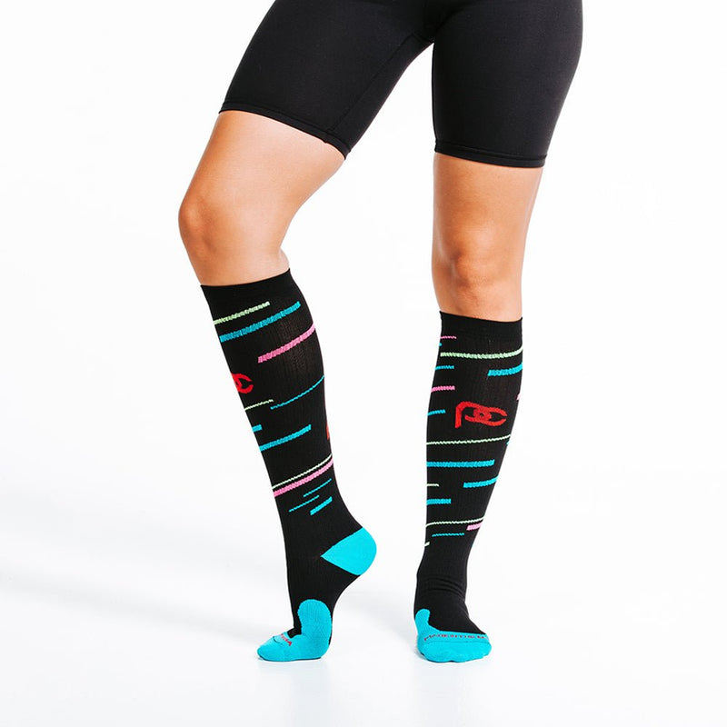 Load image into Gallery viewer, Pro Compression - Marathon, Black with Neon Stripes - Crew Sock