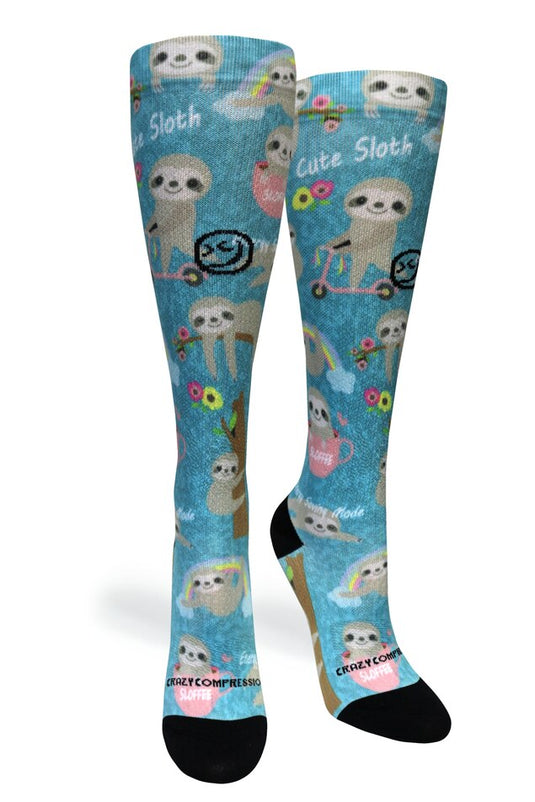 Crazy Compression - Aqua Cute Sloths - (Standard & Extra Wide)