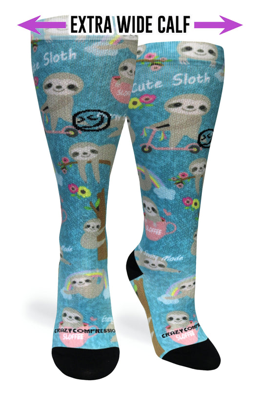 Crazy Compression - Aqua Cute Sloths - (Standard & Extra Wide)