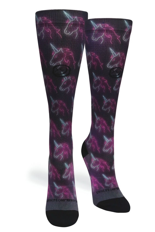 Load image into Gallery viewer, Crazy Compression - Black Neon Unicorns - (Standard & Extra Wide)