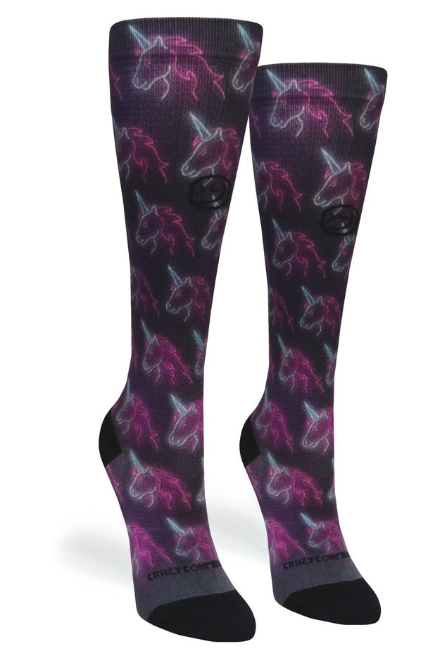 Load image into Gallery viewer, Crazy Compression - Black Neon Unicorns - (Standard & Extra Wide)
