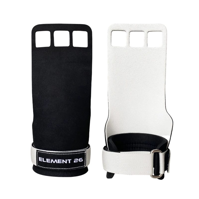 Load image into Gallery viewer, A pair of black and white gymnastics grips with three-finger hole design and a neoprene strap, branded with 'ELEMENT 26'.