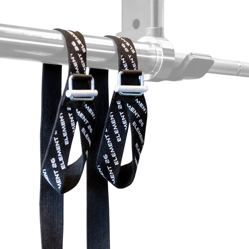 Load image into Gallery viewer, Two black resistance bands with white text attached to a metal bar.
