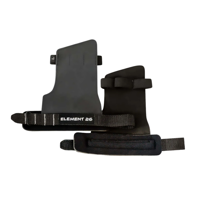 Load image into Gallery viewer, A pair of black Element 26 IsoGrip Gymnastic Hand Grips with straps and the brand name visible on the grips.