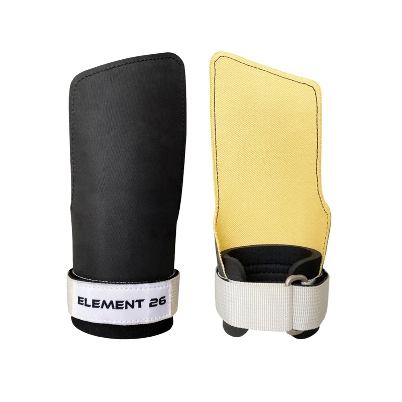 Load image into Gallery viewer, A pair of Element 26 gymnastic hand grips, one black and one yellow, displayed against a white background.