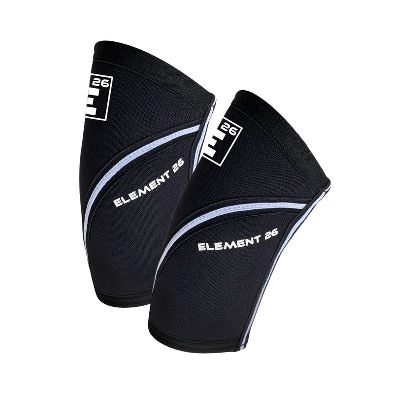 Load image into Gallery viewer, Black knee sleeves with 'Element 26' branding on a white background