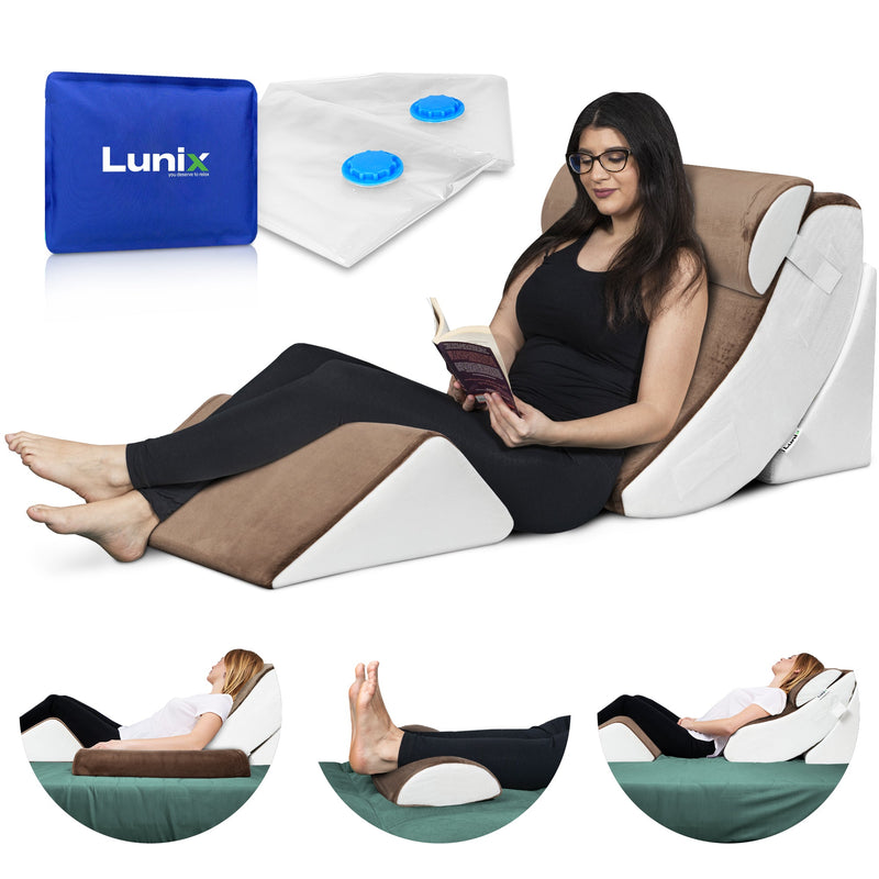 Load image into Gallery viewer, Lunix - LX5 4pcs Orthopedic Bed Wedge Pillow System, with Hot Cold Pack Brown/White