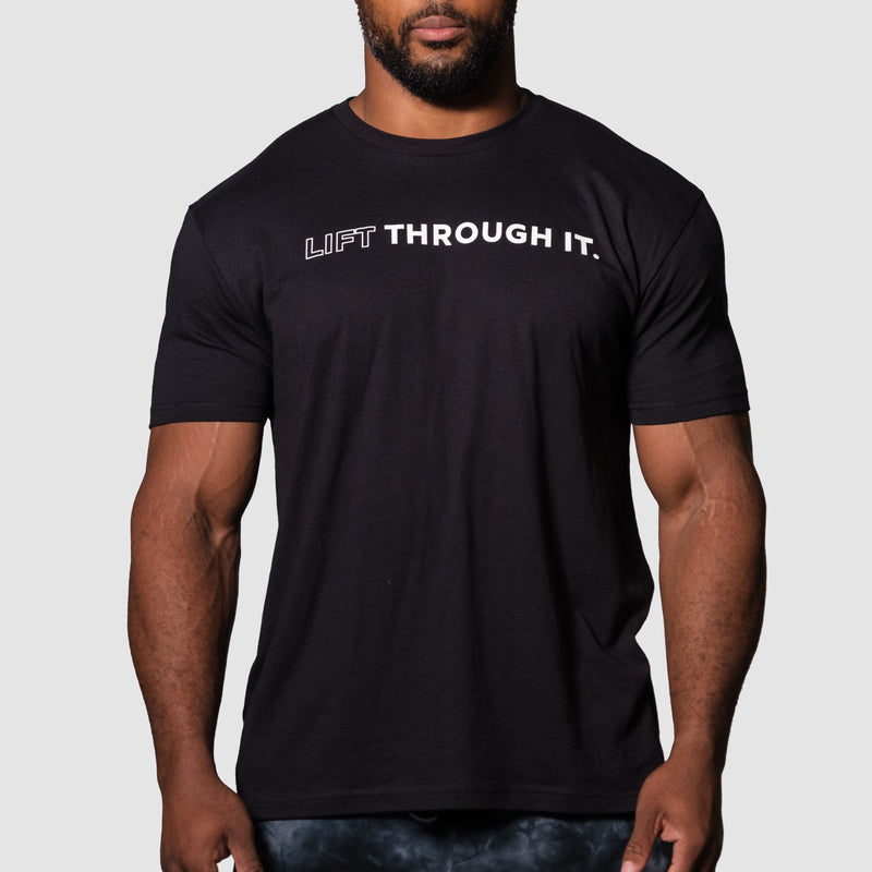 Load image into Gallery viewer, A person wearing a black crew neck t-shirt with the text 'Lift Through It' printed on the front.