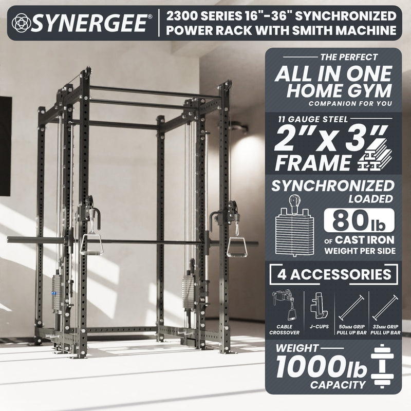 Load image into Gallery viewer, Synergee - 2300 Series Power Cage with Synchronized Loaded Cable Cross Overs and Smith Machine