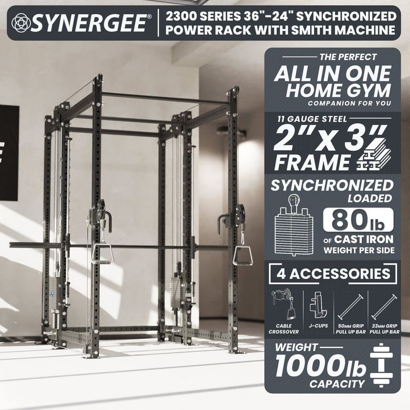 Load image into Gallery viewer, Synergee - 2300 Series Power Cage with Synchronized Loaded Cable Cross Overs and Smith Machine