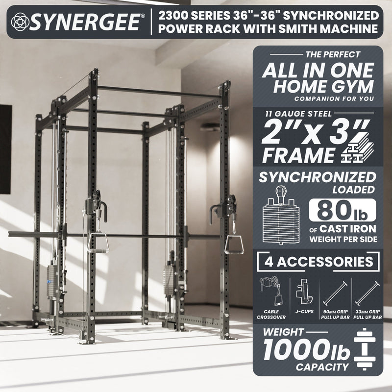 Load image into Gallery viewer, Synergee - 2300 Series Power Cage with Synchronized Loaded Cable Cross Overs and Smith Machine