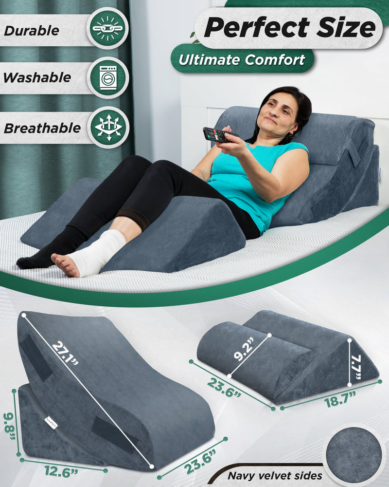 Load image into Gallery viewer, Lunix - LX5 4pcs Orthopedic Bed Wedge Pillow System, with Hot Cold Pack 100% Navy