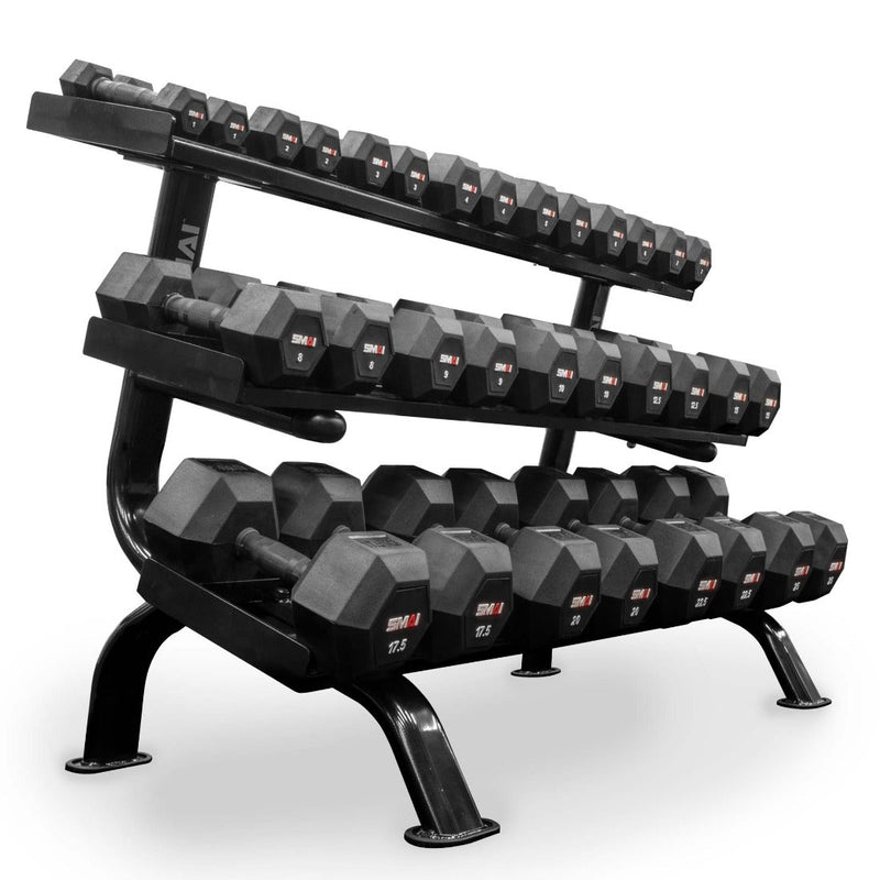 Load image into Gallery viewer, SMAI - Rubber Hex Dumbbell Set 55lb-100lb (Pairs) with Storage Rack