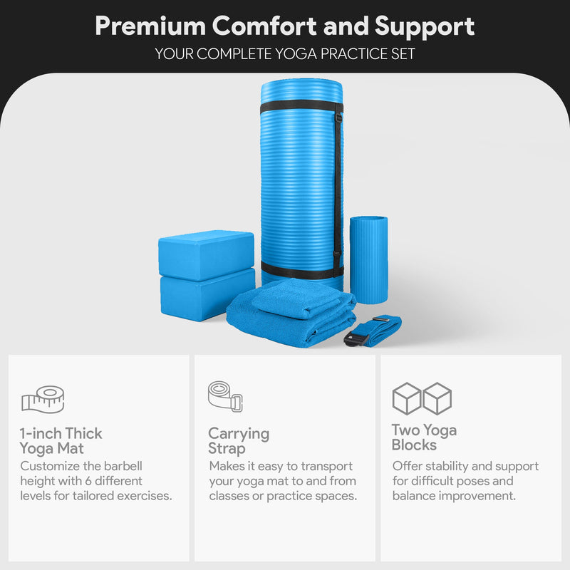 Load image into Gallery viewer, BalanceFrom Fitness - 7 Piece Yoga Set with Mat, Stretch Strap, & Knee Pad, Blue