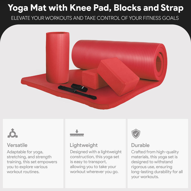 Load image into Gallery viewer, BalanceFrom Fitness - 71"x24" Anti Tear Yoga Mat w/Strap, Knee Pad & Blocks, Red