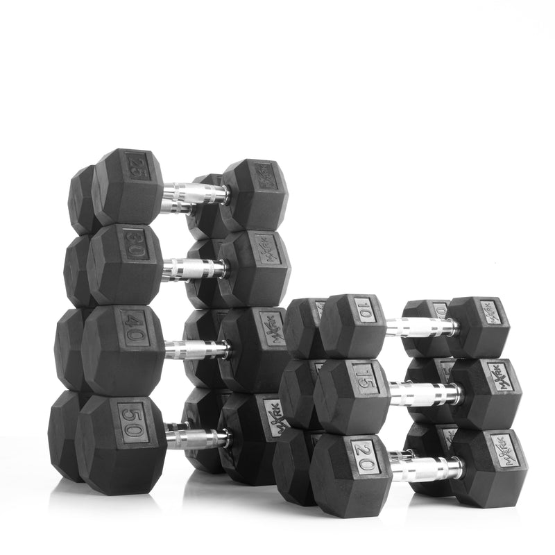 Load image into Gallery viewer, XMARK - 10 to 50 lbs. Rubber Hex Dumbbell Pairs Includes 2-Tier Storage Rack