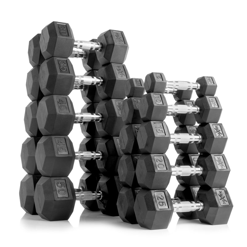 Load image into Gallery viewer, XMARK - 10-Pairs, 5 to 50 lbs. Hex Dumbbells Includes 3-Tier Storage Rack - Rubber Hex Dumbbell