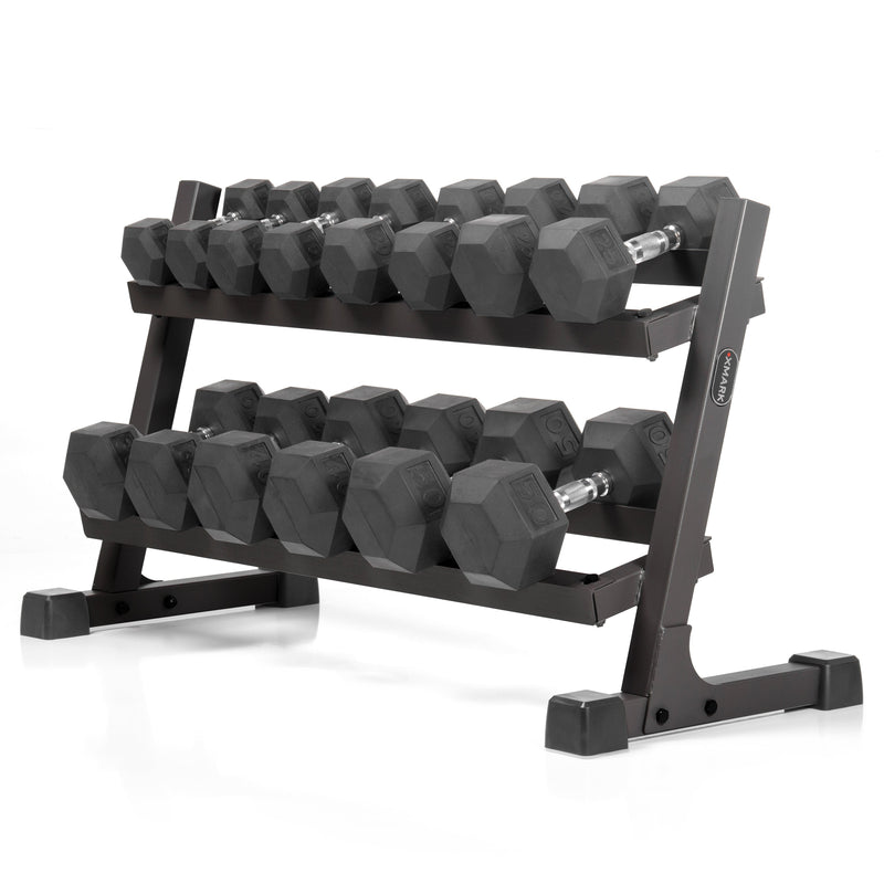 Load image into Gallery viewer, XMARK - 10 to 50 lbs. Rubber Hex Dumbbell Pairs Includes 2-Tier Storage Rack
