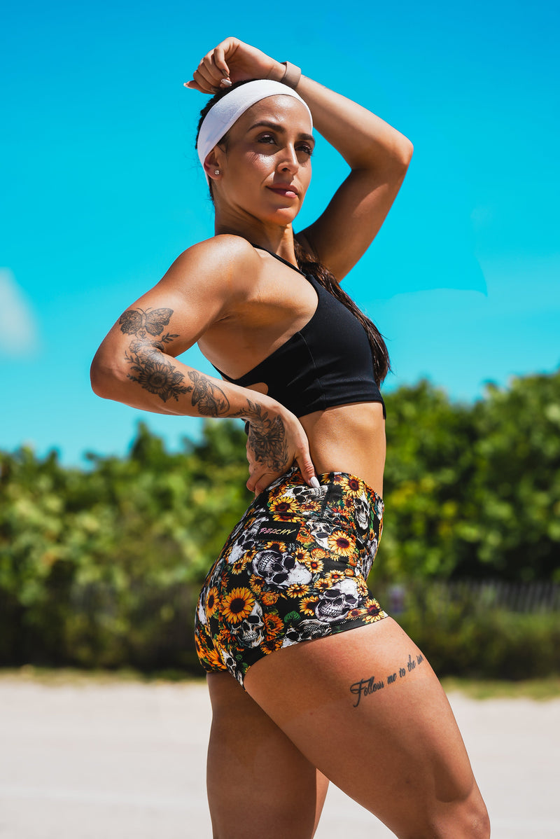 Load image into Gallery viewer, Peachy Athletic - Bones & Blooms Squat-Proof Gym Shorts