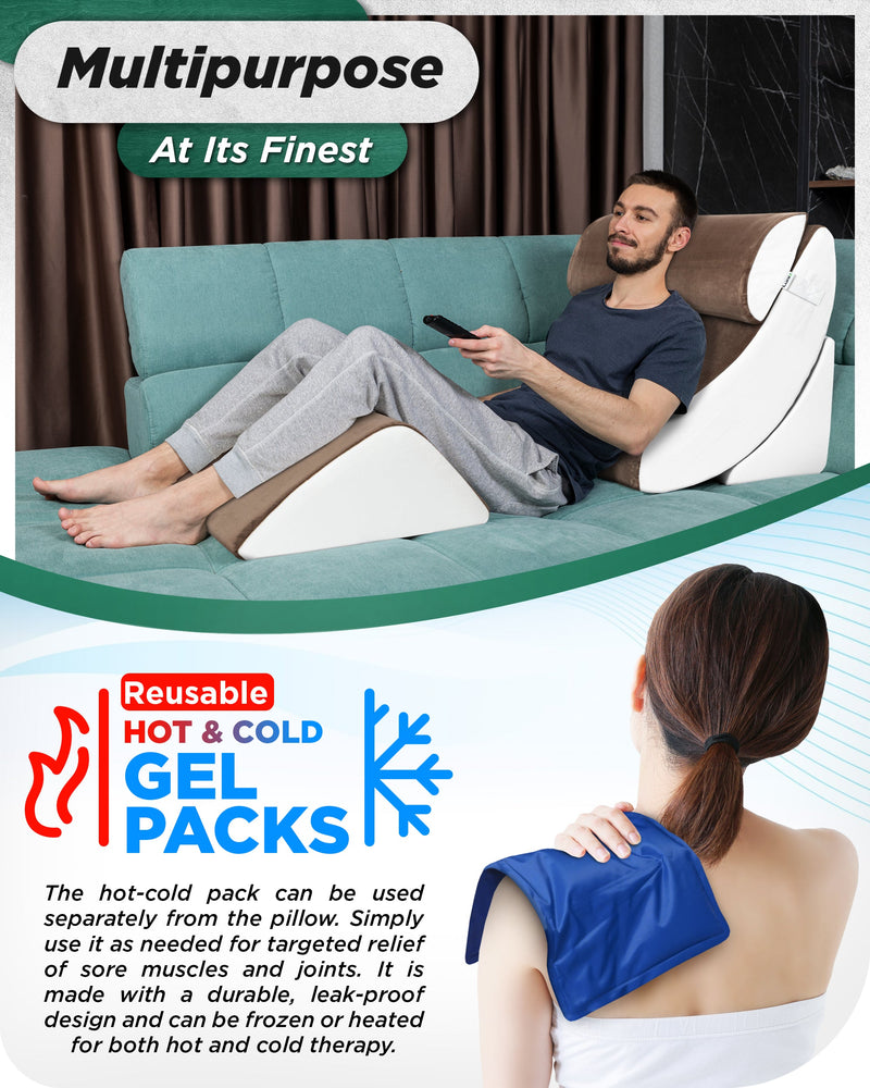 Load image into Gallery viewer, Lunix - LX5 4pcs Orthopedic Bed Wedge Pillow System, with Hot Cold Pack Brown/White