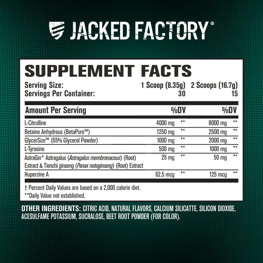 Jacked Factory - Pump Surge - Stim Free Pump & Nootropic Pre-Workout nutrition facts label