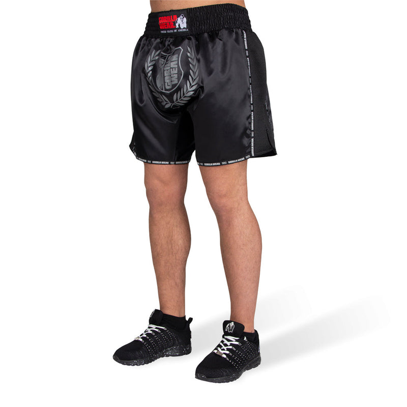 Load image into Gallery viewer, Gorilla Wear - Murdo Muay Thai / Kickboxing Shorts - Black/Gray