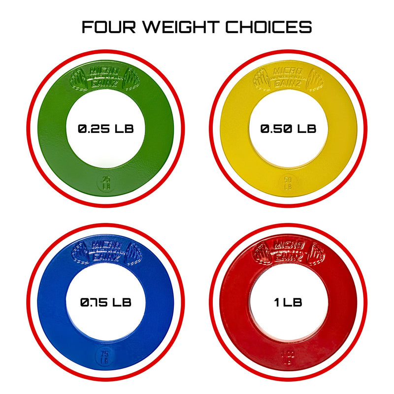 Load image into Gallery viewer, Micro Gainz - Multi-Color Olympic Size Fractional Weight Plates Set of 8 Plates .25Lb-1Lb w/ Bag - Micro Plates
