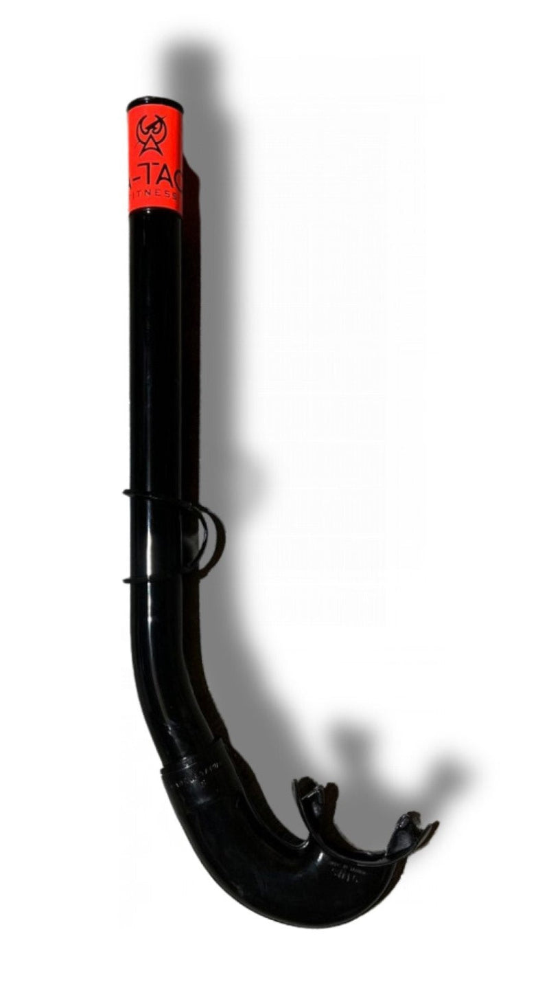 Load image into Gallery viewer, Black diving snorkel with a red and white logo on a white background