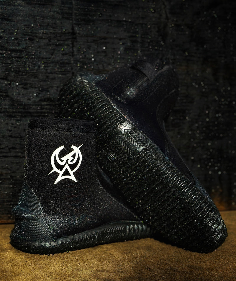 Load image into Gallery viewer, Black high-top sneakers with a logo on a white background