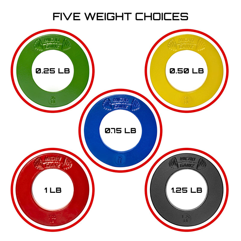 Load image into Gallery viewer, Micro Gainz - Multi-color Olympic Size Fractional Weight Plates Set of 10 Plates .25LB-1.25LB w/ Bag