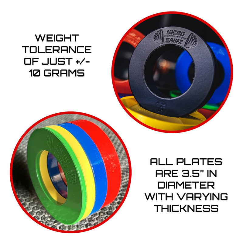 Load image into Gallery viewer, Micro Gainz - Multi-color Olympic Size Fractional Weight Plates Set of 10 Plates .25LB-1.25LB w/ Bag