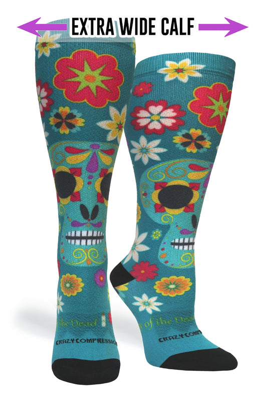 Crazy Compression - Calavera Teal - (Standard & Extra Wide)