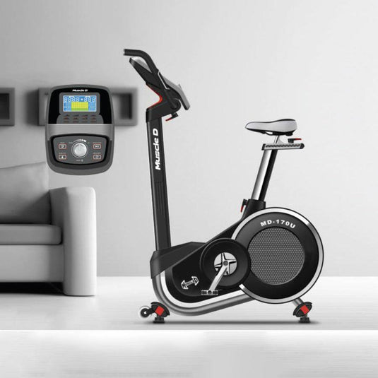 Muscle D Fitness - Light Commercial Upright Bike - LED Display - Heart Rate Monitor - Adjustable Seat - On Wheels for Easy Movement