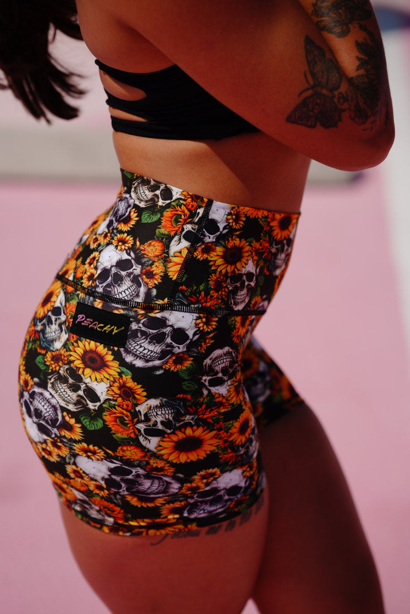 Load image into Gallery viewer, Peachy Athletic - Bones & Blooms Squat-Proof Gym Shorts