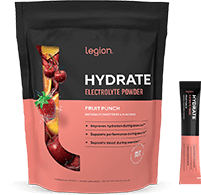Load image into Gallery viewer, Legion Athletics Hydrate Electrolyte Drink Packets - 575mg sodium, 115mg potassium, 35mg magnesium, 575mg chloride per serving, naturally sweetened with stevia, zero sugar