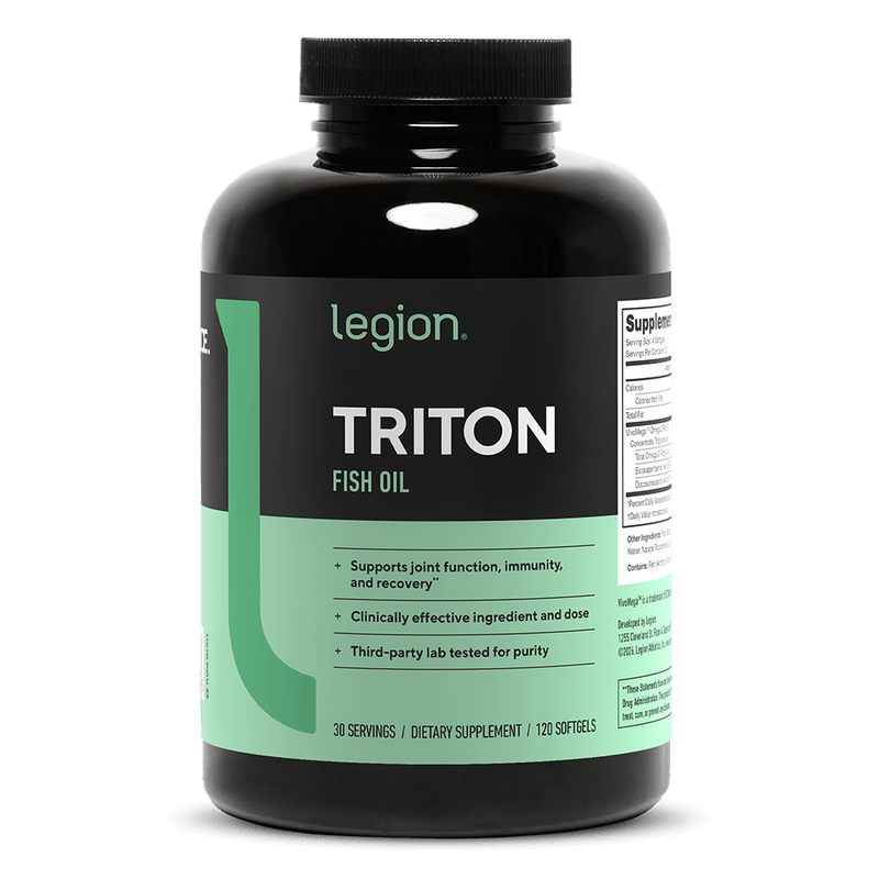 Load image into Gallery viewer, Legion Athletics Triton fish oil bottle - VivoMega 100% reesterified triglyceride oil providing 2,400 mg EPA and DHA per serving