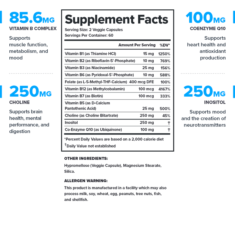 Load image into Gallery viewer, Legion Vitamin B Complex - Supplement Facts label with full ingredient list and doses