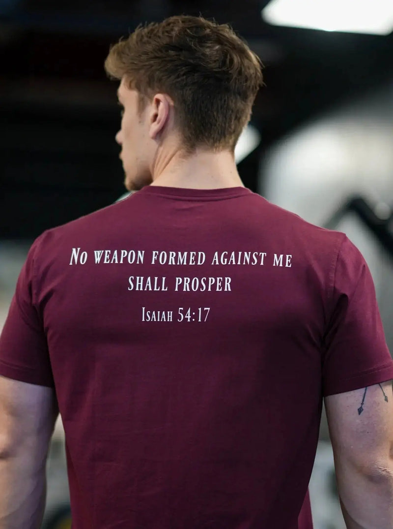 Load image into Gallery viewer, HolStrength - Sovereign Performance Tee - Isaiah 54:17 - Maroon / S