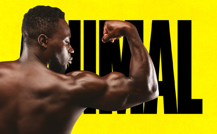 Load image into Gallery viewer, Man flexing his bicep in front of a yellow background with Animal in black letters