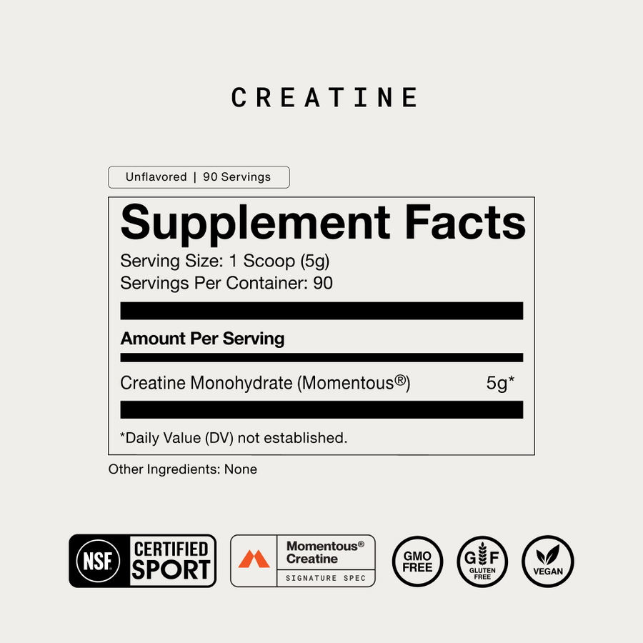 Momentous - Creatine - 90 Servings nutrition facts label