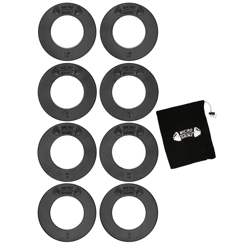 Load image into Gallery viewer, Micro Gainz - Multi-Color Olympic Size Fractional Weight Plates Set of 8 Plates .25Lb-1Lb w/ Bag - Black
