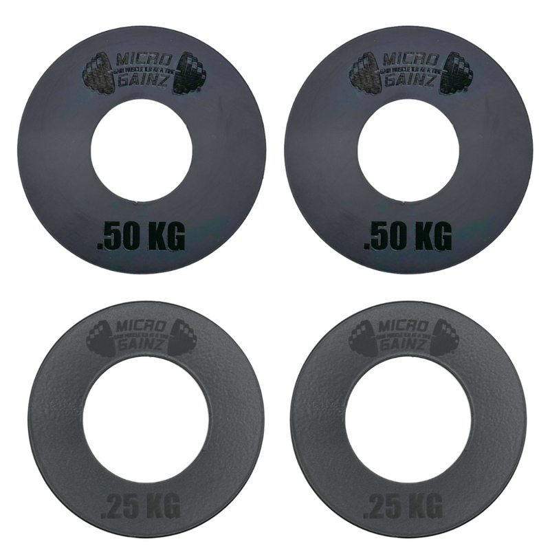 Load image into Gallery viewer, Micro Gainz - Olympic Size Kilogram Fractional Weight Plates Set of 4 Steel Plates (2-.25KG and 2-.50KG)