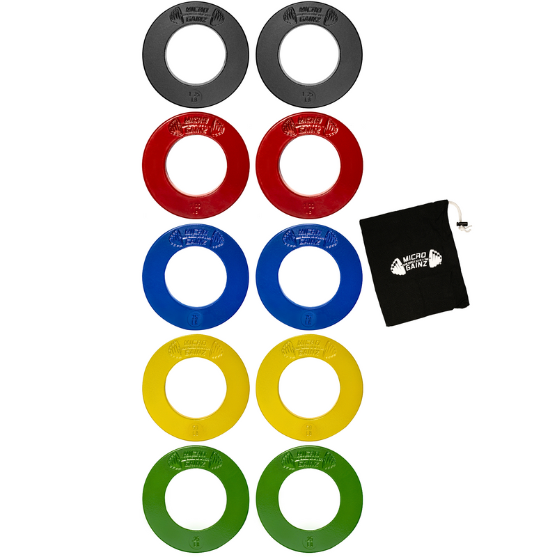 Load image into Gallery viewer, Micro Gainz - Multi-color Olympic Size Fractional Weight Plates Set of 10 Plates .25LB-1.25LB w/ Bag - Micro Plates