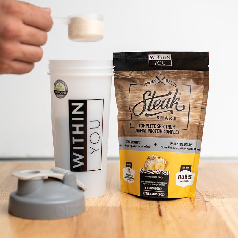 Load image into Gallery viewer, Within You - In 5 Serving Travel Size - Mark Bell's Steak Shake- Complete Spectrum Animal Protein Powder Complex