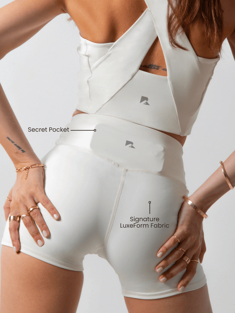 Load image into Gallery viewer, Runner's Athletics - Women's Sculpting Workout Shorts 5 Inch - Beige | Criss-Cross Waistband with Pocket