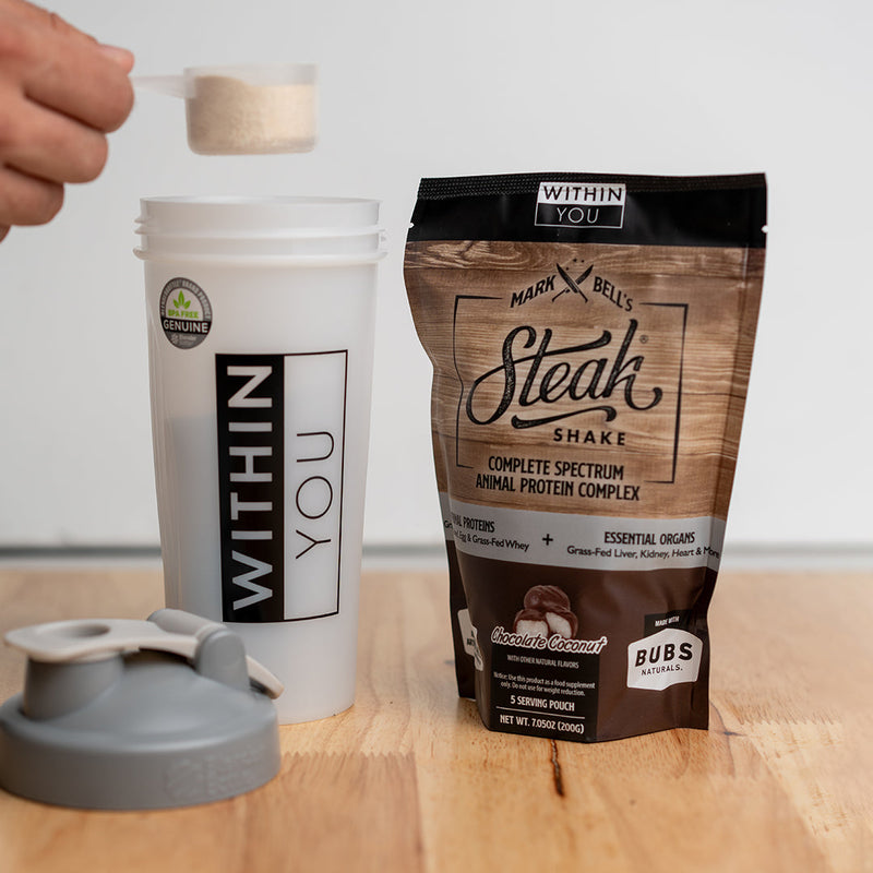 Load image into Gallery viewer, Within You - In 5 Serving Travel Size - Mark Bell's Steak Shake- Complete Spectrum Animal Protein Powder Complex