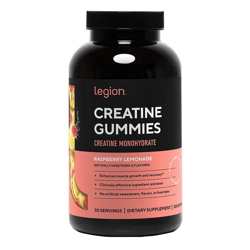 Load image into Gallery viewer, A black bottle of Legion Creatine Gummies with a black cap, featuring a label with a black top half and a coral-pink bottom half, on a white background.