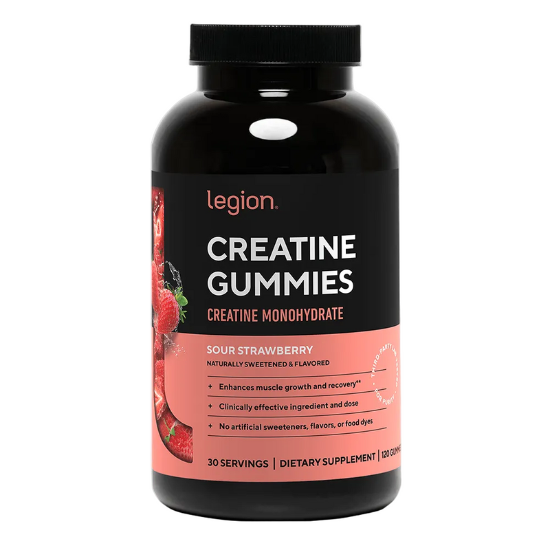 Load image into Gallery viewer, Legion Creatine Gummies bottle with black and pink label on a white background