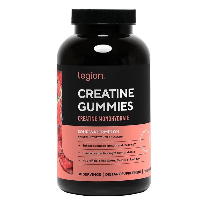 Load image into Gallery viewer, A bottle of Legion Creatine Gummies, Sour Watermelon flavor, in a black plastic bottle with a black cap and a black and pink label, shown on a white background.