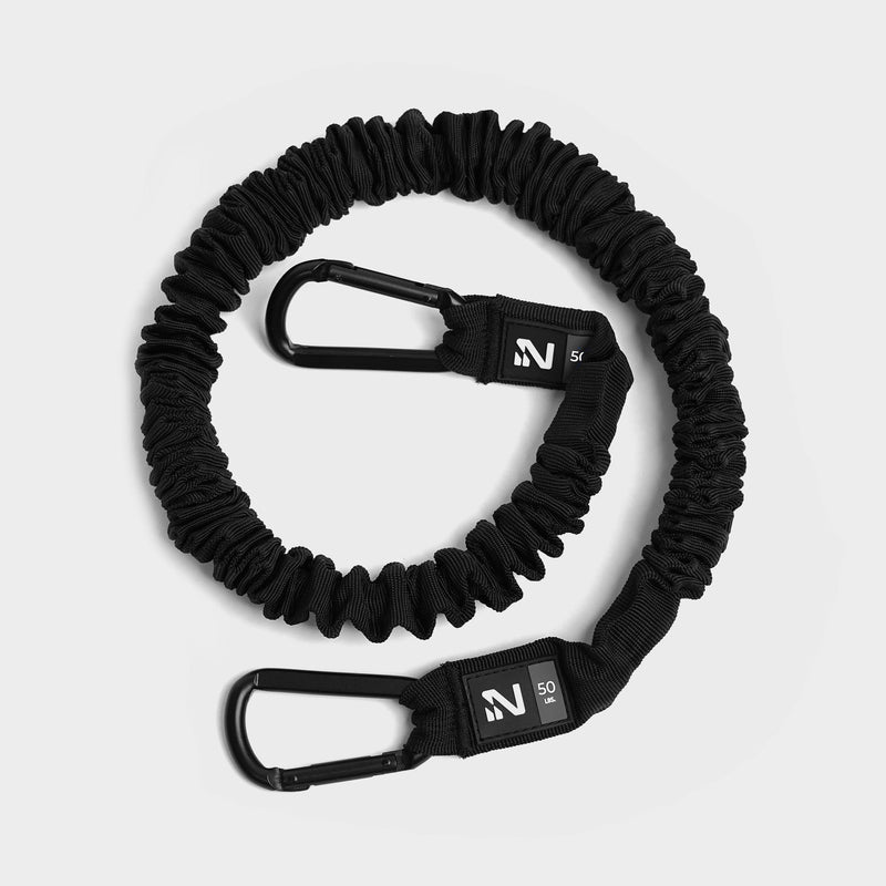 Load image into Gallery viewer, A black resistance band with a steel carabiner, designed for fitness workouts.